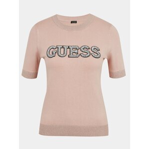 Světle růžové dámské svetrové tričko s ozdobnými detaily Guess Clarisse