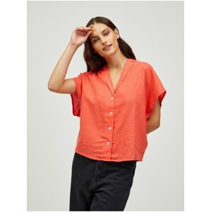 Oranžová volná lněná košile s krátkým rukávem CAMAIEU