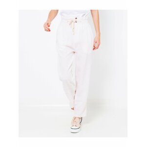 Růžovo-bílé dámské pruhované lněné kalhoty s vysokým pasem CAMAIEU
