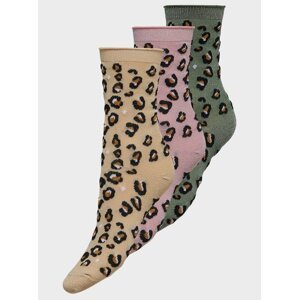 Sada tří párů vzorovaných ponožek v béžové, růžové a zelené barvě ONLY Sandra