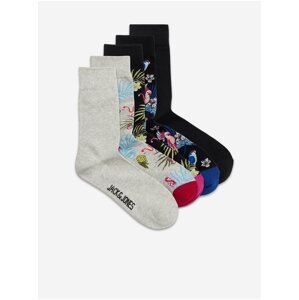 Sada pěti párů vzorovaných ponožek v šedé a černé barvě Jack & Jones Flower Bird