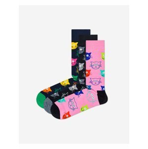 Sada tří párů vzorovaných ponožek v tmavě modré, černé a růžové barvě Happy Socks Cat