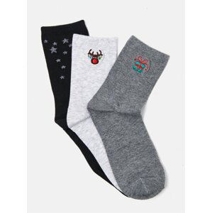 Sada tří párů ponožek v šedé, černé a bílé barvě s vánočním motivem CAMAIEU