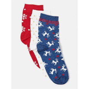 Sada tří párů ponožek v červené, bílé a modré barvě s vánočním motivem CAMAIEU