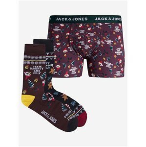 Vánoční sada pánských vzorovaných boxerek a ponožek v zelené a vínové barvě Jack & Jones Cupido