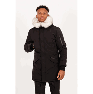 černá pánská bunda s kapucí Black Parka Print Fur Long