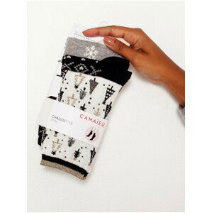 Sada tří párů ponožek v bílé a černé barvě s vánočním motivem CAMAIEU