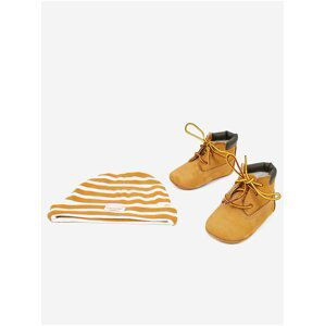 Sada dětských kotníkových kožených bot a vzorované čepice v hořčicové barvě Timberland Crib Bootie with Hat