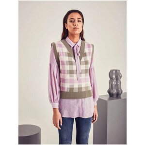 Fialovo-khaki dámská kostkovaná svetrová vesta ICHI