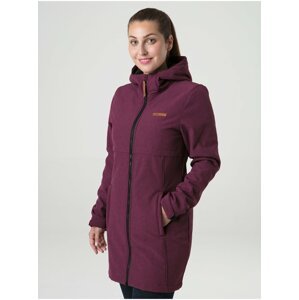 Vínový dámský prodloužený softshellový kabát s kapucí a kožíškem LOAP Lecova