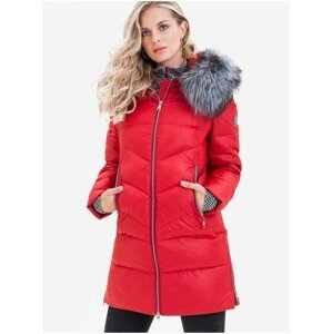 Červený dámský prošívaný kabát s pravou kožešinou KARA