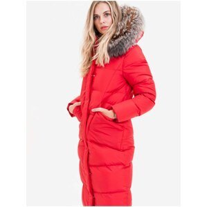 Červený dámský prošívaný kabát s pravou kožešinou KARA