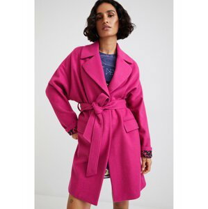 Růžový dámský vlněný kabát se zavazováním Desigual Abrig Rubi