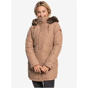 Světle hnědá dámská prodloužená prošívaná zimní bunda s kapucí a kožíškem Roxy Ellie