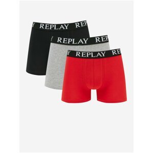 Sada tří pánských boxerek v černé, šedé a červené barvě Replay