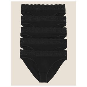 Krajkové kalhotky z bavlny s lycrou, 5 ks v balení Marks & Spencer černá