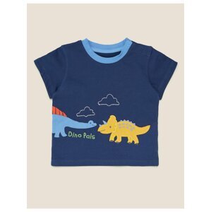Tričko z čisté bavlny s nášivkou dinosaura (0–3 roky) Marks & Spencer námořnická modrá