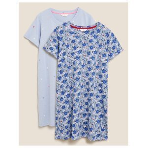 Krátká bavlněná noční košile s květinovým potiskem, 2 ks v balení Marks & Spencer modrá