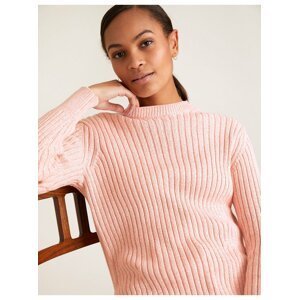 Žebrovaný svetr z čisté bavlny a s kulatým výstřihem Marks & Spencer růžová