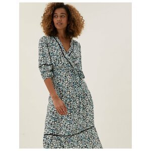 Květované nabírané zavinovací midi šaty s výstřihem do V Marks & Spencer námořnická modrá