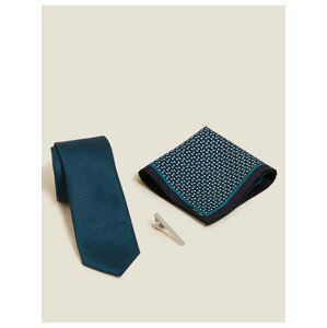 Souprava kravaty s geometrickým vzorem, spony a kapesníčku do kapsy saka Marks & Spencer modrá
