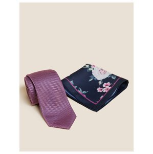 Dvoudílná sada květované kravaty a kapesníčku Marks & Spencer růžová