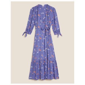 Květované zavinovací midi šaty s rukávy s vázáním Marks & Spencer fialová