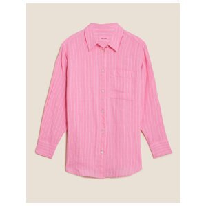 Pruhovaná košile velikosti maxi ve stylu Girlfriend, z čistého lnu Marks & Spencer růžová