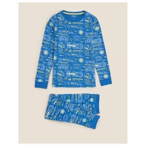 Pyžamo z čisté bavlny s potiskem závodního auta (7–16 let) Marks & Spencer modrá