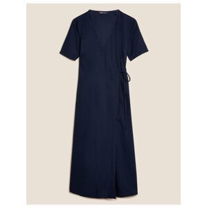 Zavinovací midi šaty s krátkým rukávem, ze směsi lnu Marks & Spencer námořnická modrá