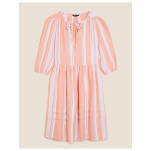 Pruhované nabírané mini šaty ze směsi lnu Marks & Spencer růžová
