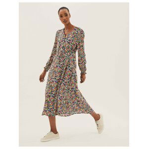 Midi šaty s výstřihem do V, se zvýrazněným pasem a s drobným květovaným vzorem Marks & Spencer vícebarevná