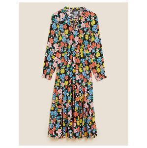 Midi šaty s drobným květinovým vzorem, zvýrazněným pasem a vázáním u krku Marks & Spencer černá