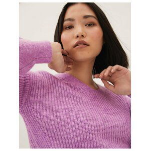 Texturovaný svetr s žebrováním, výstřihem do V a příměsí vlny Marks & Spencer fialová