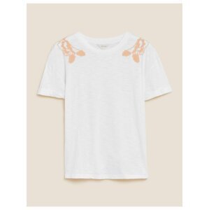 Krémové dámské tričko s výšivkou z čisté bavlny Marks & Spencer