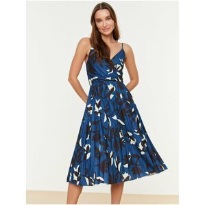Tmavě modré dámské vzorované plisované šaty na ramínka Trendyol