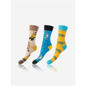 CRAZY SOCKS 3x - Zábavné crazy ponožky 3 páry - hnědá - žlutá - modrá