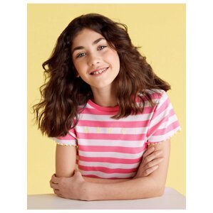Bavlněné žebrované pruhované tričko s nápisem „Merci“ (6–14 let) Marks & Spencer růžová