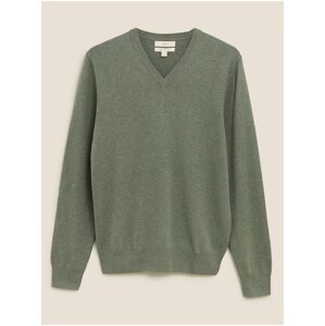 Zelený pánský bavlněný svetr s výstřihem do V Marks & Spencer
