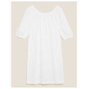 Midi šaty typu Bardot s krátkými rukávy, z čistého lnu Marks & Spencer bílá