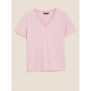 Tričko s výstřihem do V a potiskem, z čisté bavlny Marks & Spencer růžová
