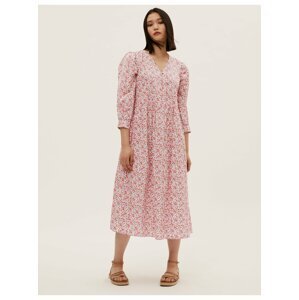 Volné midi šaty s drobným květinovým vzorem, z čisté bavlny Marks & Spencer růžová