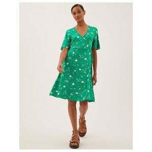 Žerzejové zavinovací šaty ke kolenům s květinovým vzorem Marks & Spencer zelená