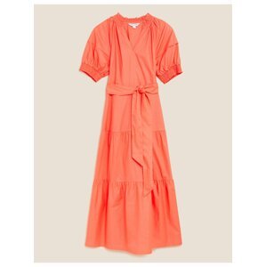 Oranžové dámské nabírané maxi šaty s výstřihem do V z čisté bavlny Marks & Spencer