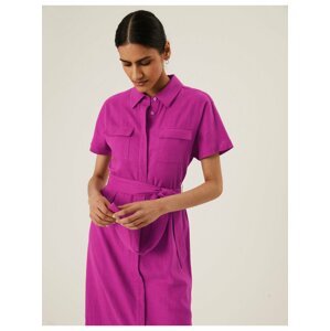 Košilové midaxi šaty s listovým potiskem a páskem, ze směsi lnu Marks & Spencer růžová