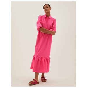 Krátké košilové midi šaty z čisté bavlny Marks & Spencer růžová