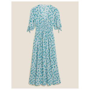 Květované midi šaty s řasením, zvýrazněným pasem a výstřihem do V Marks & Spencer modrá