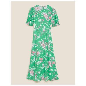 Zelené dámské květované midi šaty s nabíranými rukávy Marks & Spencer Tea