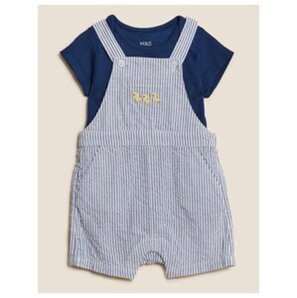 Dvoudílný pruhovaný outfit s laclem z čisté bavlny (0–3 roky) Marks & Spencer námořnická modrá