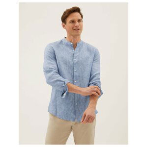 Košile bez límečku z čistého lnu Marks & Spencer modrá